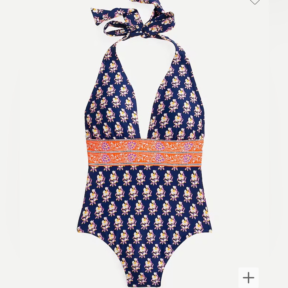 J Crew Halter V-neck one-piece in navy block print Sz 10